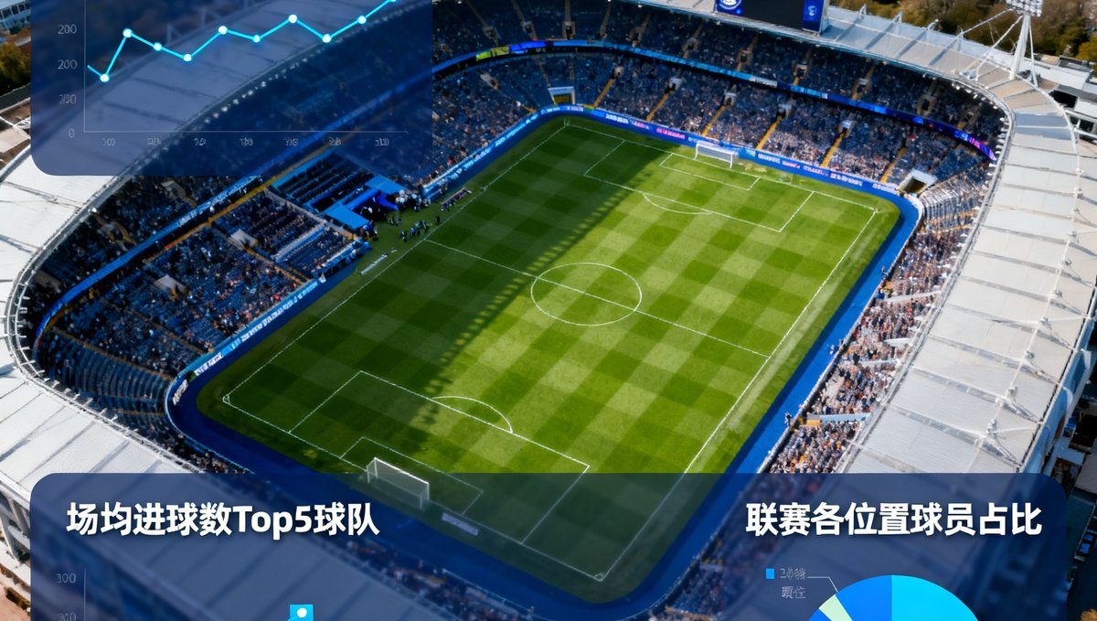 英超联赛2025赛季数据分析文章配图，展示球场航拍与数据可视化图表的合成画面