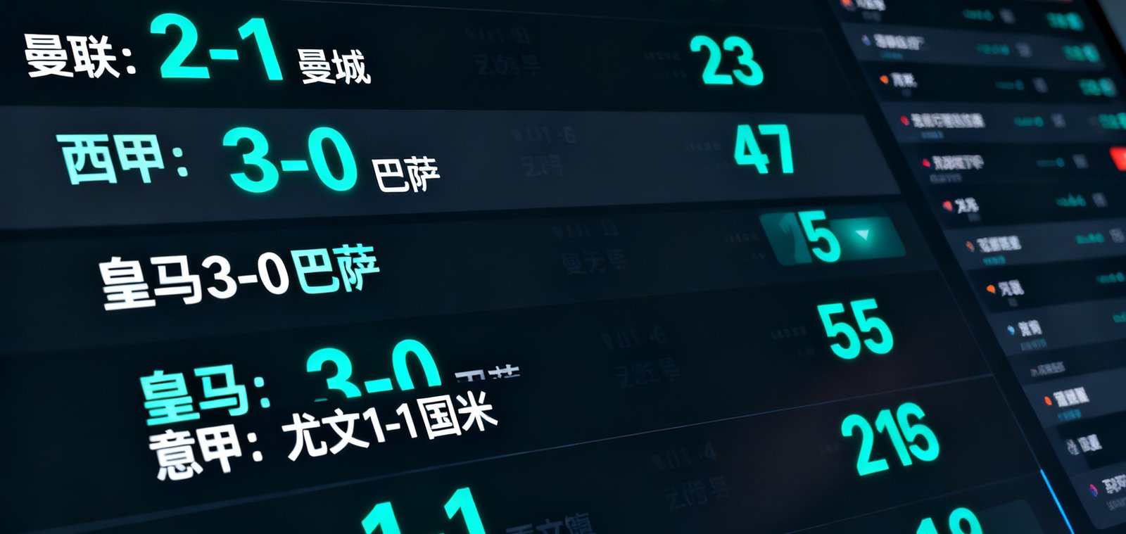 现代化足球比分直播界面展示，大屏幕实时滚动显示多场赛事比分数据，界面采用深色主题配翡翠绿高亮数字，多联赛同时监控面板